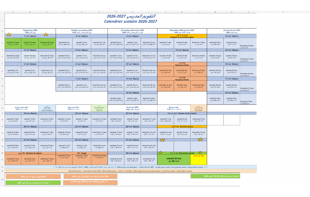 Aperçu du calendrier scolaire